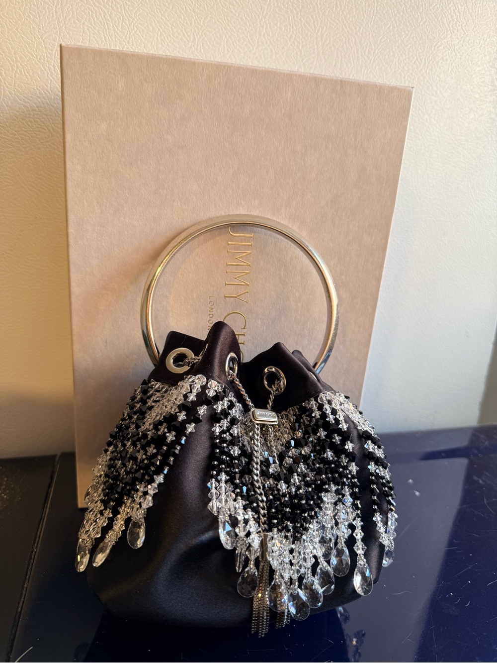 Jimmy Choo Black Satin Crystal Beaded Bon Bon Bag